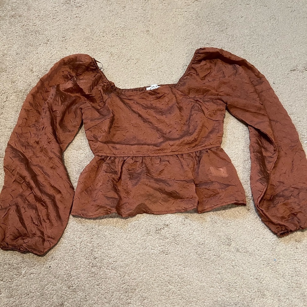 Gilli Brown Smocked Peplum Blouse Long Sleeve